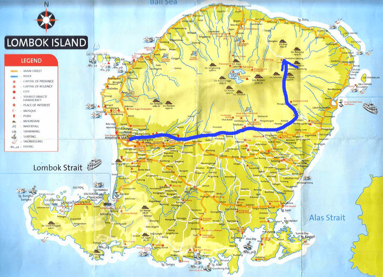 Mapa de la Isla Lombok y de la ruta de ascensión. Fuente (http://apingpingaa-rinjanimay2010.blogspot.com/)