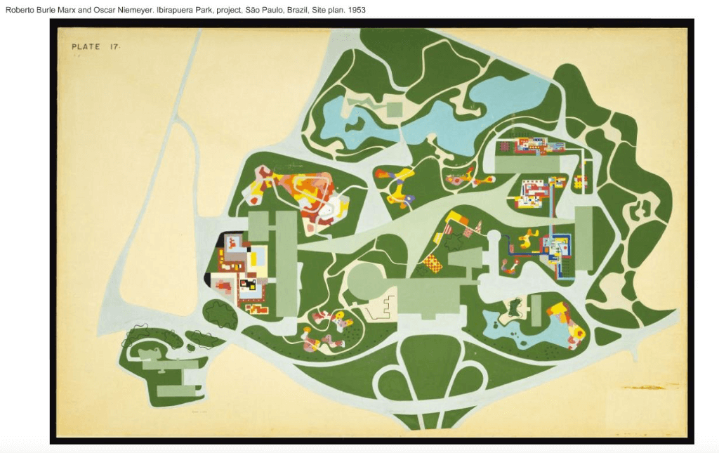 Proyecto original del Parque do Ibirapuera por Burle Marx, que finalmente no se llevó a cabo pero si sentó un gran precedente.