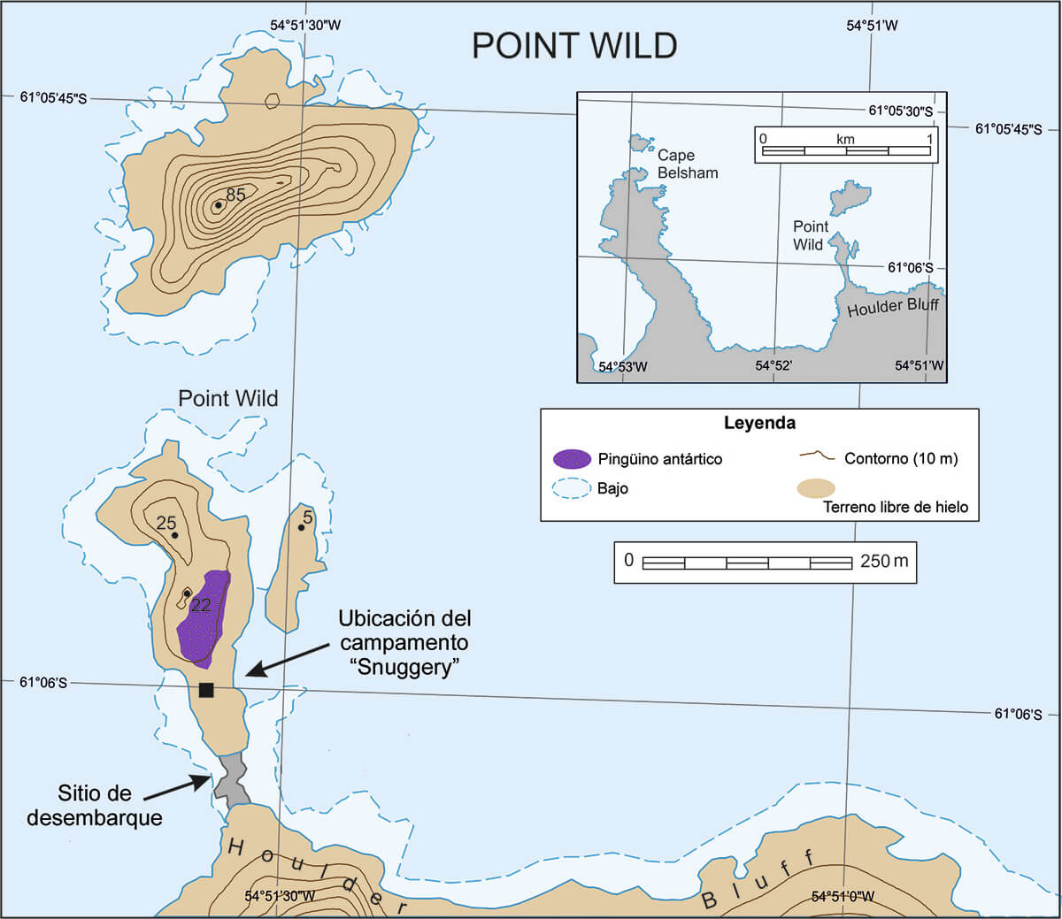 Mapa de Point Wild, Isla Elefantes que señala la ubicación campamento levantado por la tripulación del Endurance . Modificado de la Secretaría del Tratado Antártico.