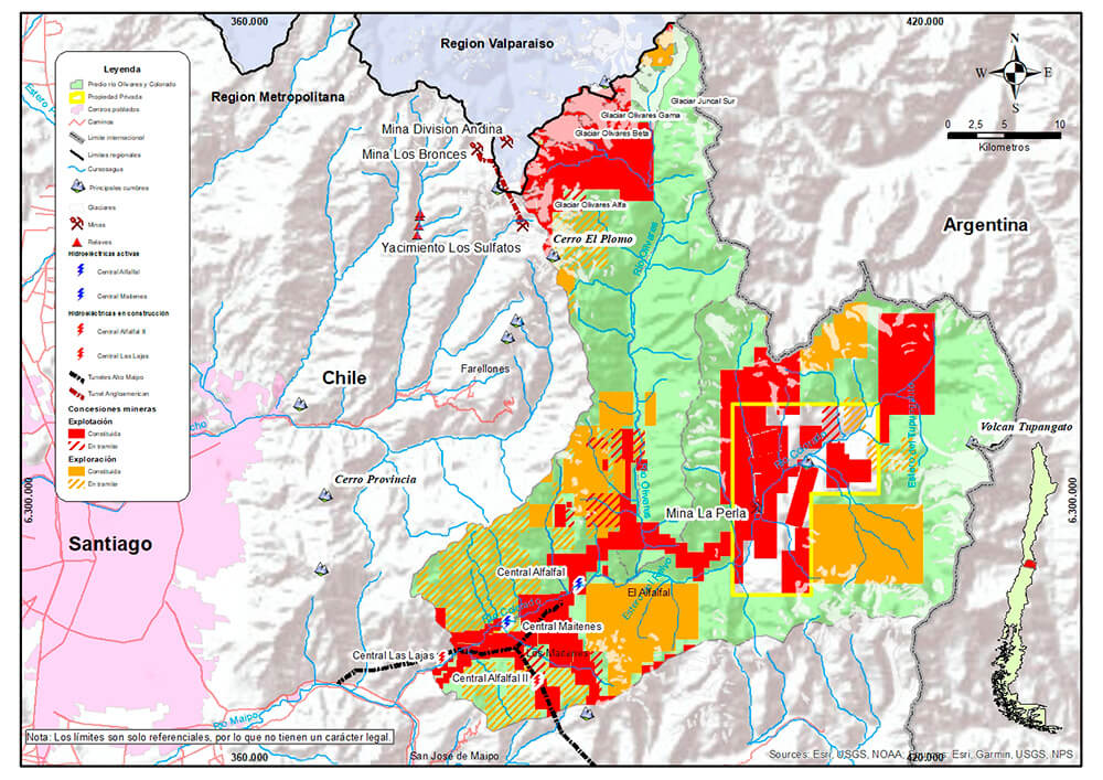 Amenazas (mineras e hidroeléctricas) presentes y futuras predio fiscal Colorado-Olivares. ©Fundación Plantae