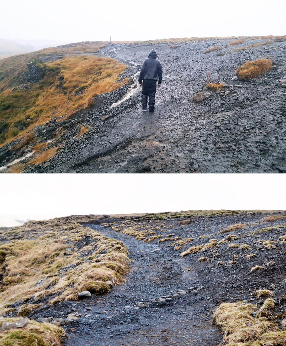 Antes y Después, dos tramos del sendero de Skógafoss, uno de los sitios más turísticos del sur de Islandia, el cual recibe alrededor de 8.000 visitantes al día en Temporada Alta © María Jesús May