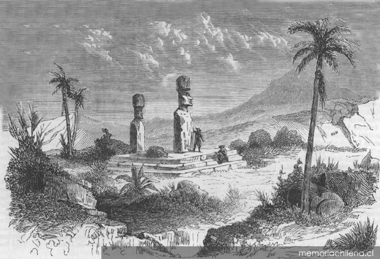 Monumentos Rapa Nui, dibujo realizado por la expedición de La Perouse, 1825. Memoria Chilena