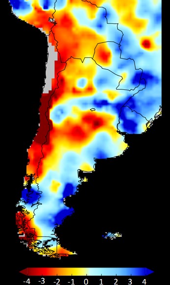 Mapa de sequía de Chile central de 1540 reconstruido con los registros de los anillos de los árboles.