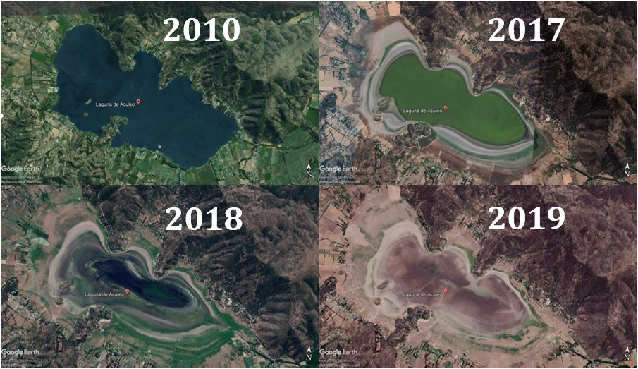 Comparativa de imágenes satelitales de la Laguna de Aculeo. Fuente: Google Earth