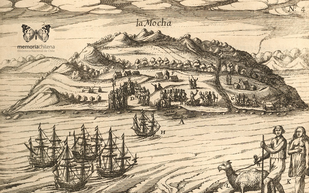 Grabado “La Mocha”, publicado en 1619. Memoria Chilena