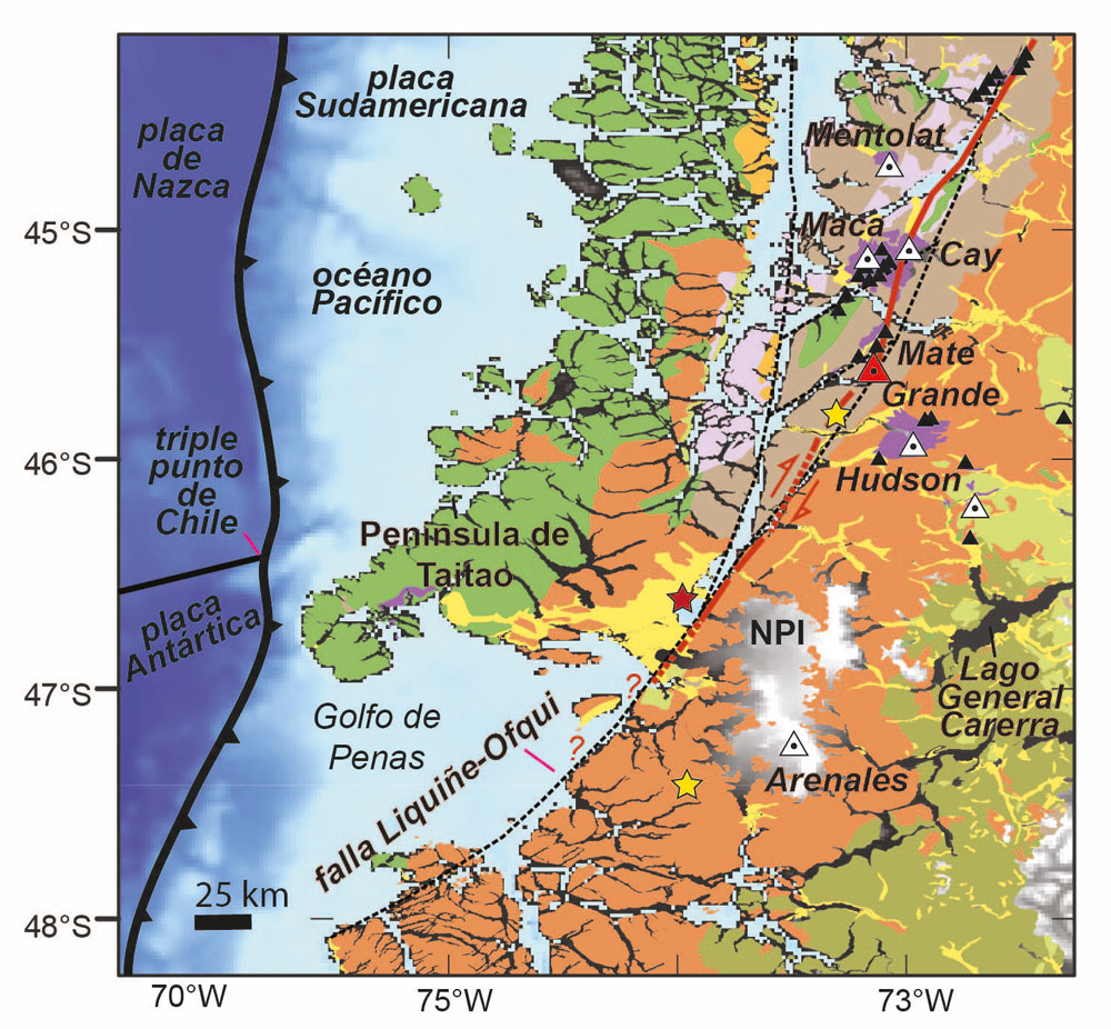 Entorno local y geología de la Falla Liquiñe‑Ofqui. Al sur, se observa el rastro principal mapeado de la Falla, la correlación con los volcanes junto a la ubicación del Volcán Mate Grande (VMG) y la caldera que fueron descubiertos durante esta investigación (1: 1,000,000; SERNAGEOMIN, 2003).