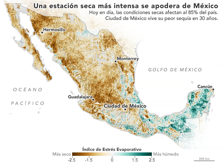 Un mapa con imagen satelital de la NASA muestra cómo se distribuyen las temperaturas en México. Crédito: © NASA