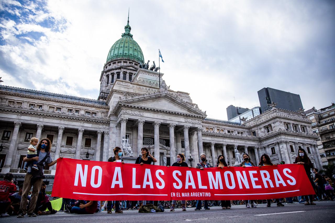 Una manifestación en el Congreso argentino rechazando la industria de la salmonicultura. Crédito: © Rewilding Argentina.