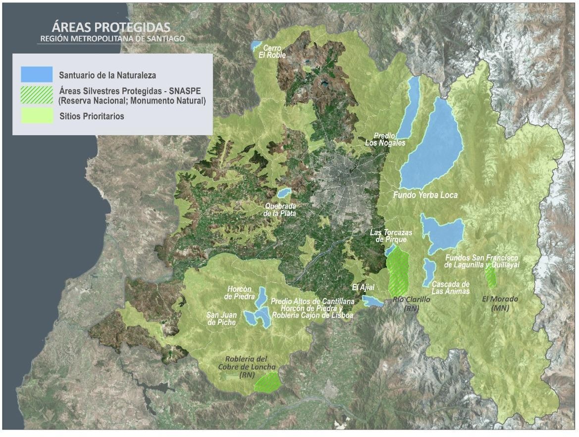 Mapa de Áreas protegidas de la Región Metropolitana ©Red de Santuarios de la naturaleza de la Región Metropolitana