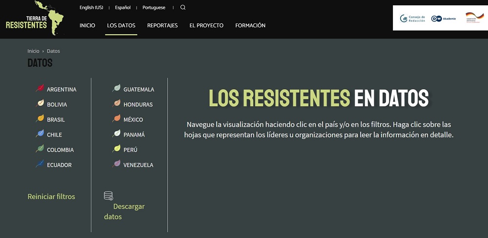 Captura de pantalla base de datos de defensores ambientales ©Tierra de Resistentes