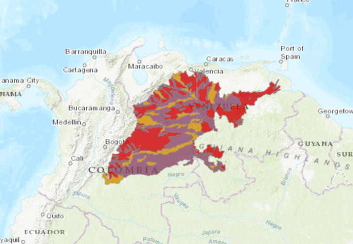 La distribución del caimán del Orinoco (Crocodylus intermedious), con algunas zonas rojas (extinto) y naranjas (probablemente extinto). Crédito: © UICN