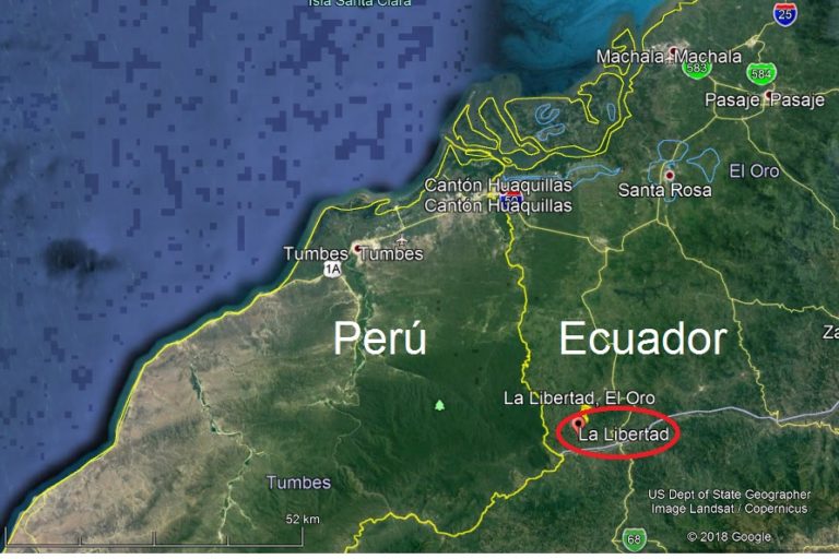 La zona marcada en rojo en el mapa muestra el ámbito del proyecto Primates del Sur para la conservación de los monos de la región Tumbesina. Crédito: © Stella De la Torre.
