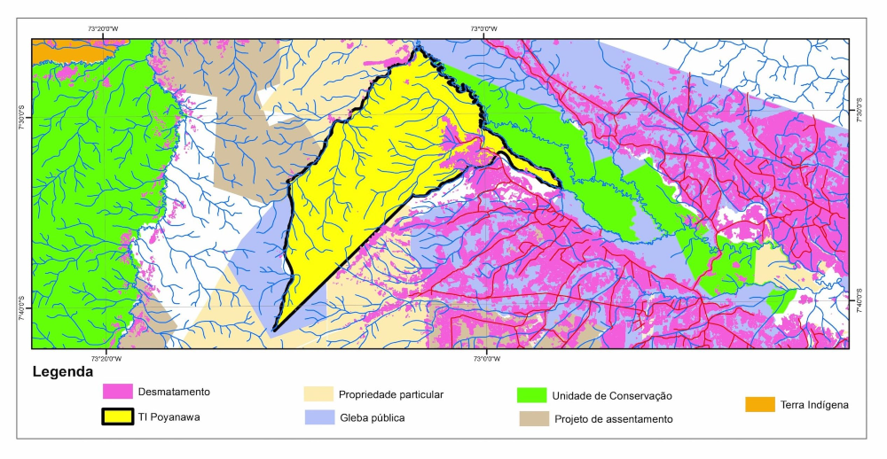 El mapa muestra la deforestación en la TI Poyanawa y sus alrededores. Las porciones con mayor deforestación se encuentran en terrenos públicos, que son terrenos no destinados del Estado. Crédito: © Eufran Amaral.