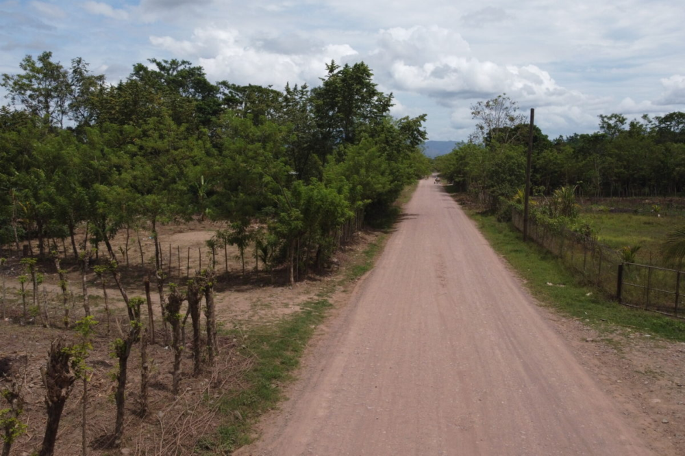 Una carretera en el pueblo de Guapinol, ubicado en el valle del Bajo Aguán en el norte de Honduras, el 4 de julio de 2021. Crédito: Global Witness / María Aguilar / Iolany Pérez.