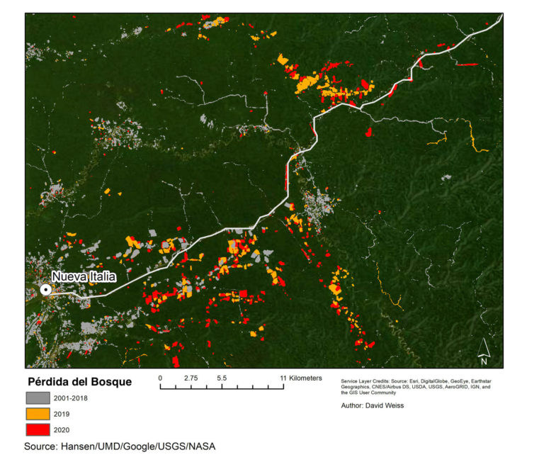 A lo largo de la ruta de la carretera se pueden observar puntos de deforestación que preocupan a las comunidades de frontera. Fuente: 2020, Planet Lab Inc. Gracias a la NICFI. Compilado por David Weiss, CEES, WFU, Upper Amazon Conservancy.