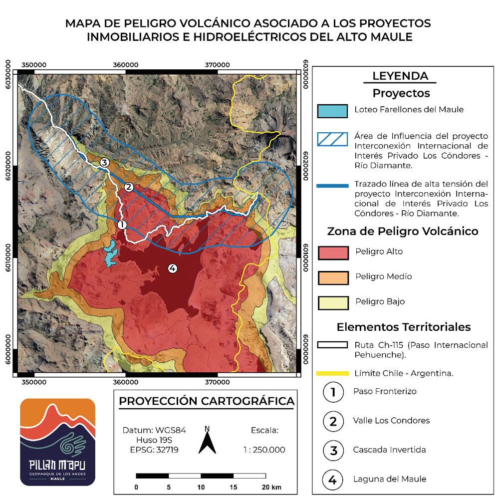 Mapa de peligro volcánico asociado a los proyectos inmobiliarios e hidroeléctricos en Alto Maule. ©Emil Stefani – Fundación Geoparque Pillanmapu