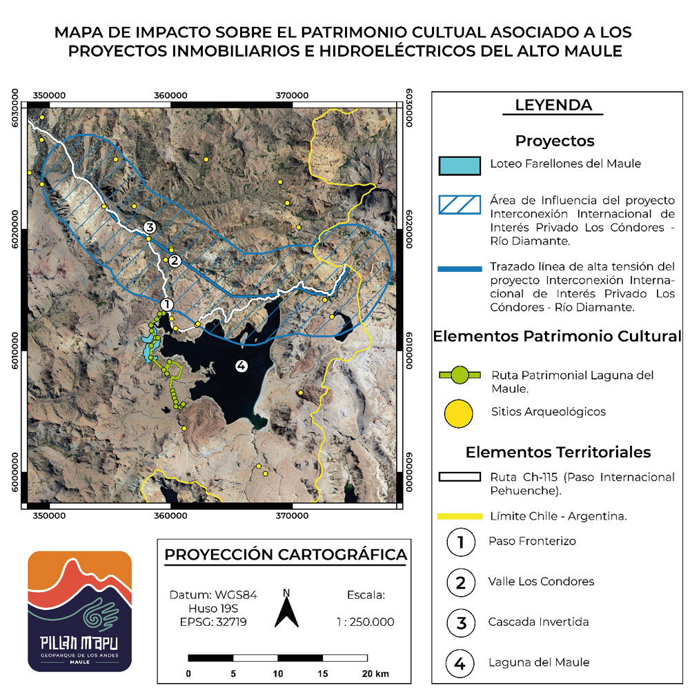 Mapa de impacto sobre el patrimonio cultural asociado a los proyectos inmobiliarios e hidroeléctricos en Alto Maule. ©Emil Stefani - Fundación Geoparque Pillanmapu