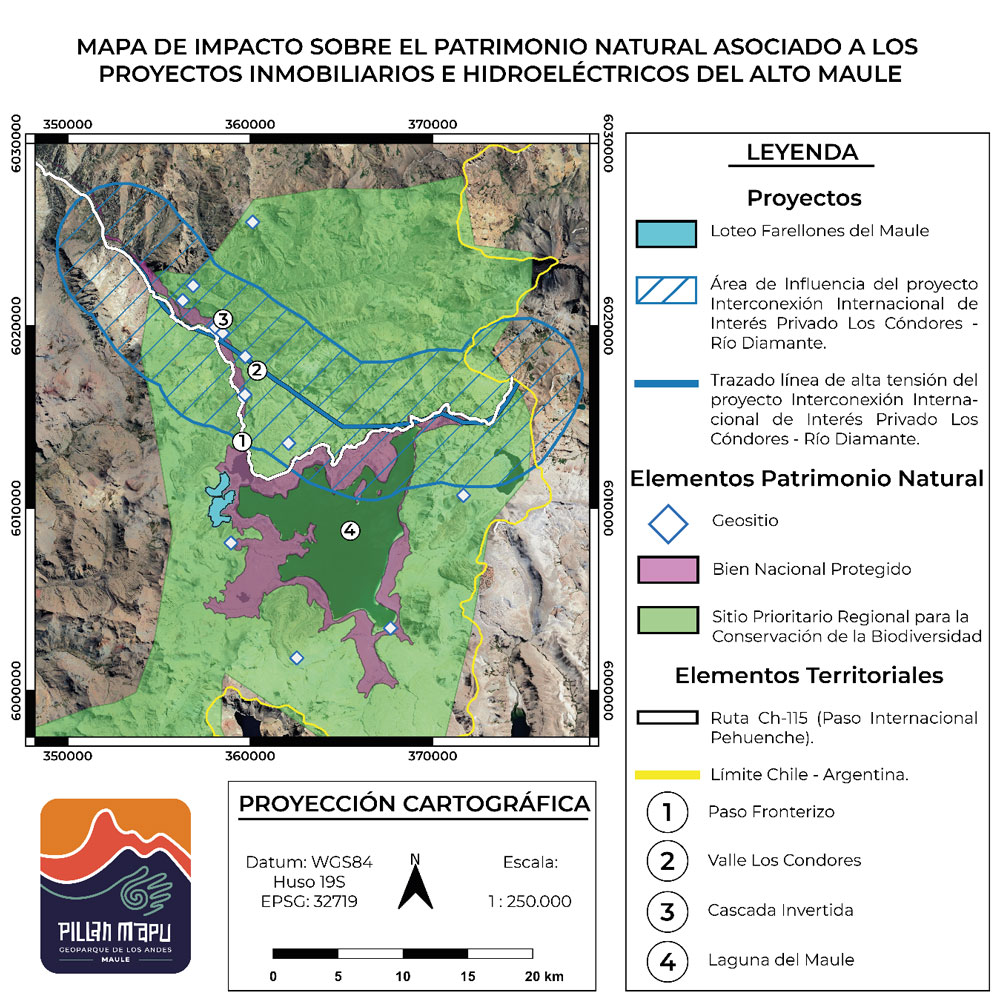 Mapa de impacto sobre el patrimonio natural asociado a los proyectos inmobiliarios e hidroeléctricos en Alto Maule. ©Emil Stefani – Fundación Geoparque Pillanmapu