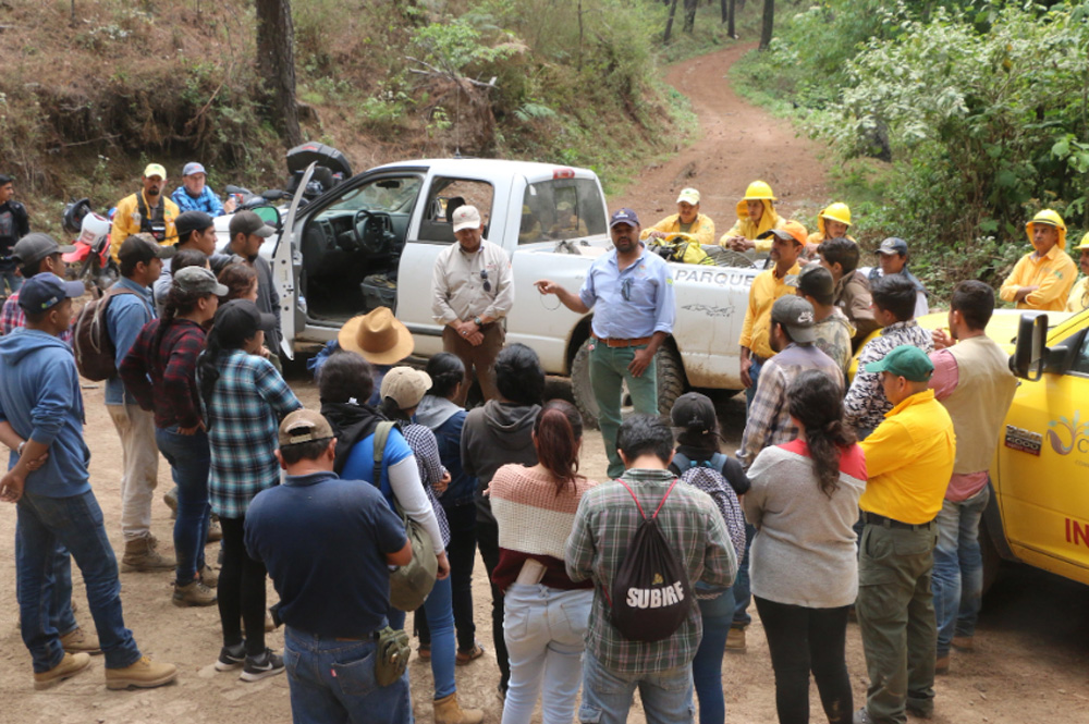 Estudiantes de Ingeniería en Recursos Naturales de la Universidad de Guadalajara reunidos con personal de manejo del fuego de la Reserva de la Biosfera Sierra de Manantlán.