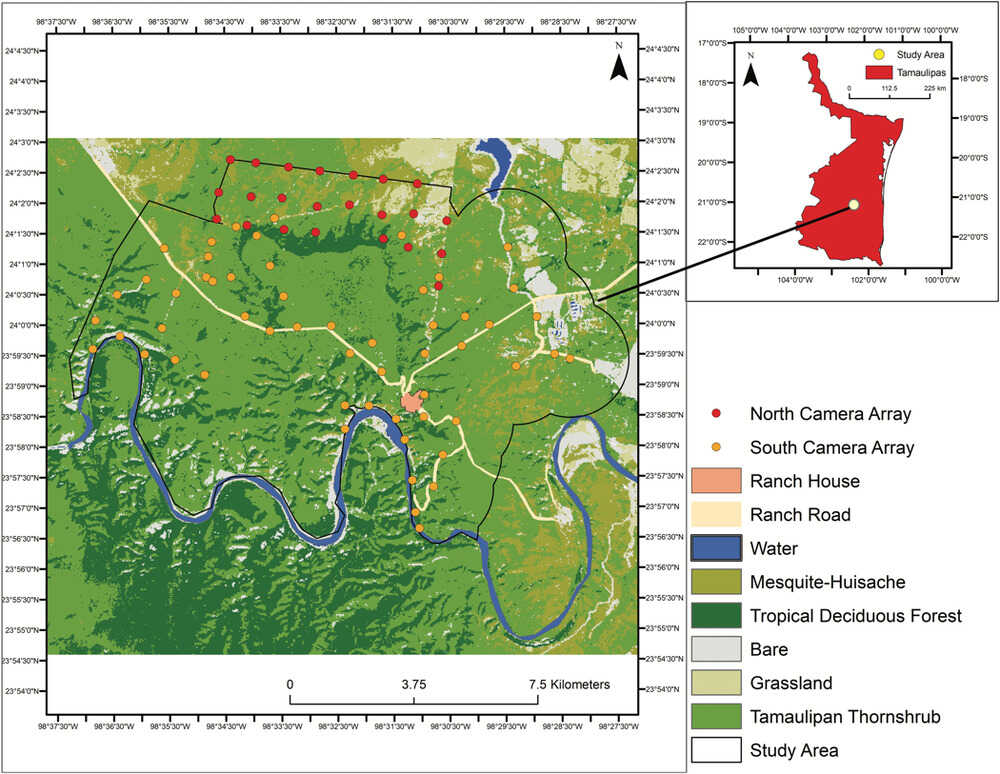 El mapa muestra la zona donde se realizó el estudio sobre ocelotes con cámaras trampa. Fuente: Predator Conservation / CKWRI.