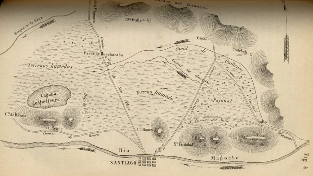Mapa rescatado de la investigación “Desecación de las Vegas en Chile”, publicada en la Revista de la Universidad de Chile. Dr. T. Mostardi-Fioretti y Pedro de la Cuadra. 1864