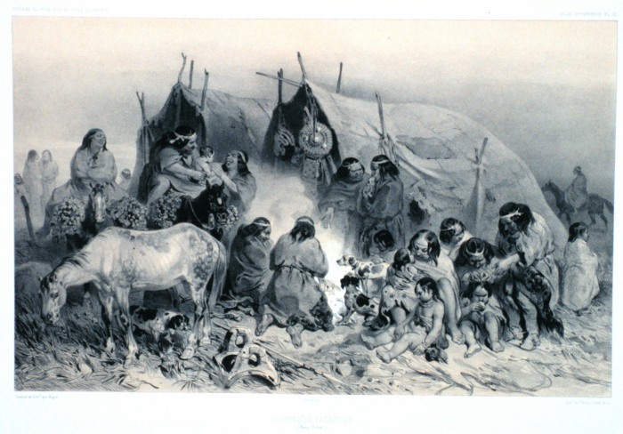 Grupo de tehuelches (dibujo de 1832). En "Voyage au pole sud et dans l'Oceanie ....." por las naves francesas Astrolabe y Zelee, bajo el mando de Jules Dumont d'Urville