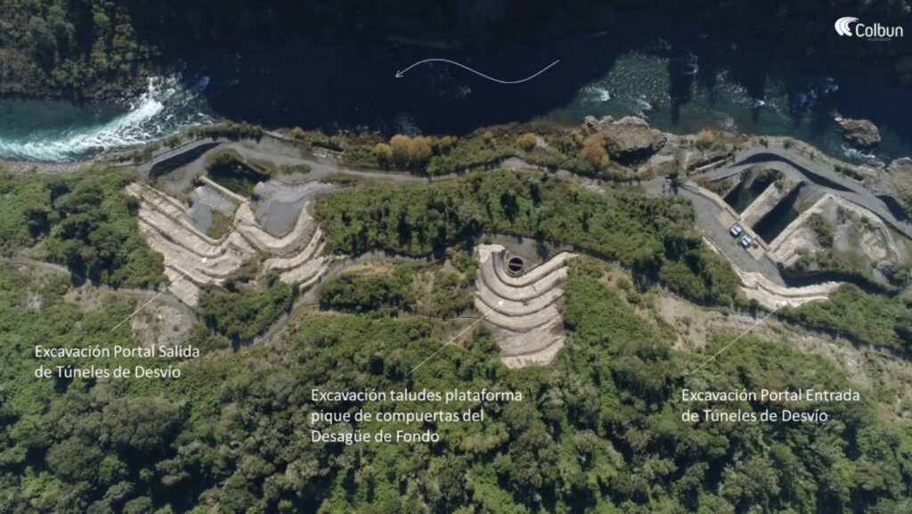 Vista aérea de las obras abandonadas de la central hidroeléctrica. Fuente: Plan de Cierre CHSP, Colbún (2022).