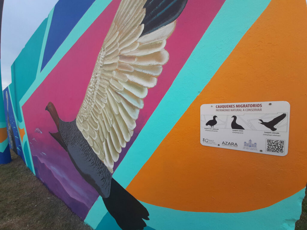 Un cauquén colorado gobierna el colorido mural que decora una enorme pared frente al predio donde cada año se celebra la Feria Nacional del Trigo, en la ciudad de Tres Arroyos. Foto: Pablo Petracci.