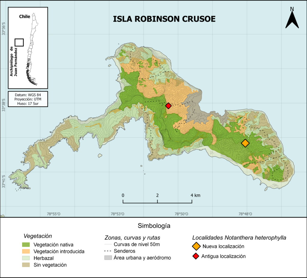 Localizacion de Notanthera heterophylla (Hook. & Arn.) Kausel en Isla Robinson Crusoe, Archipielago Juan Fernandez, Valparaiso (Elaboracion: S. Olfos)