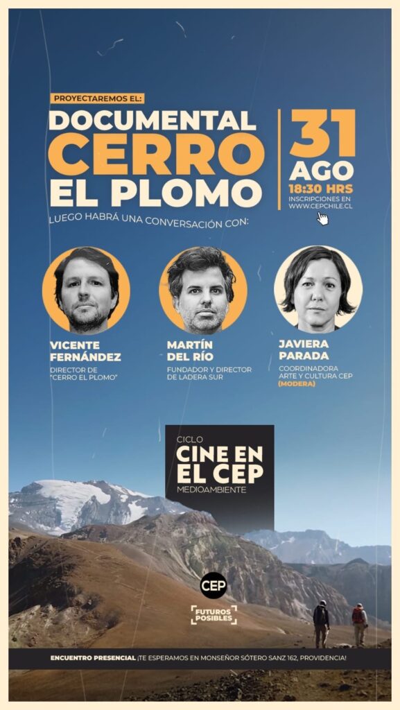 Afiche del visionado organizado por el CEP, "Cerro El Plomo", dirigido por Vicente Fernández, y el conversatorio posterior.