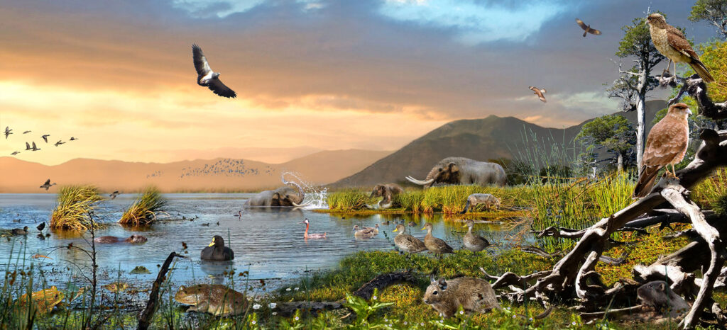 "Tagua tagua Milenaria" - Ilustración de un paisaje con megafauna. Créditos: ©Mauricio Álvarez