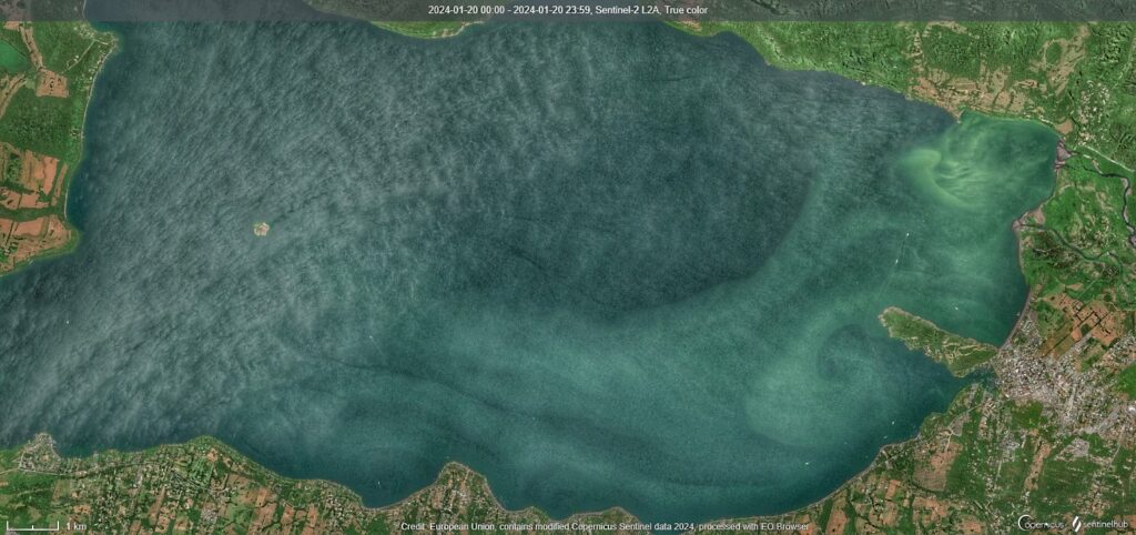 Foto satelital del lago Villarrica el día 20 de enero de 2024. Créditos: Copernicus EU 