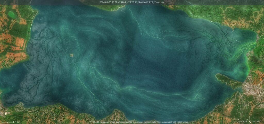 Foto satelital del lago Villarrica el día 23 de enero de 2024. Créditos: Copernicus EU 