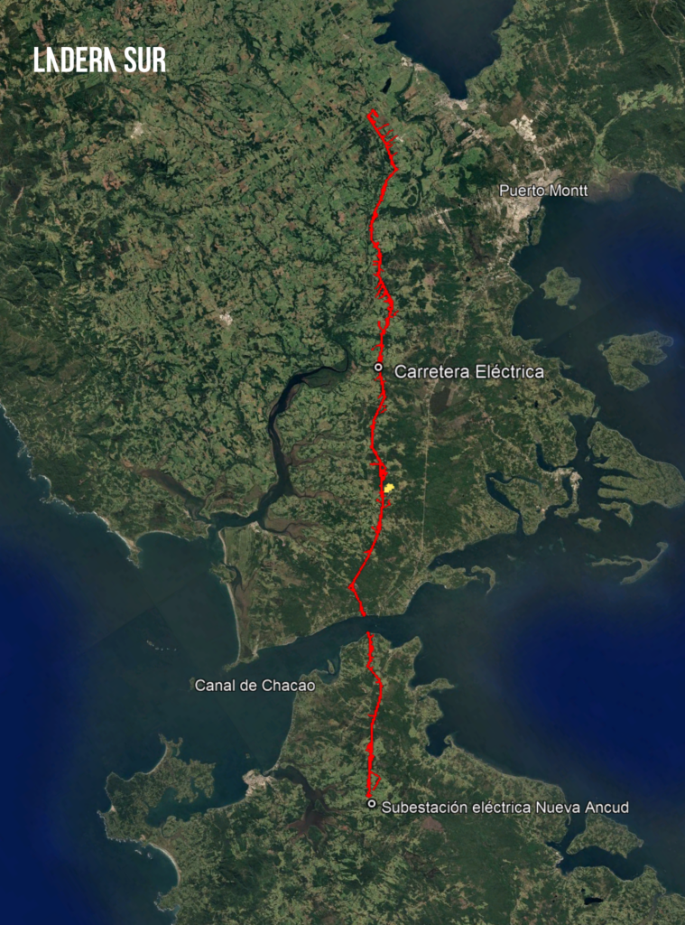 Mapa de la carretera eléctrica, la cual comprende 95,94 kilómetros desde Llanquihue hasta Ancud. Créditos: Cristián Risco - Google Earth
