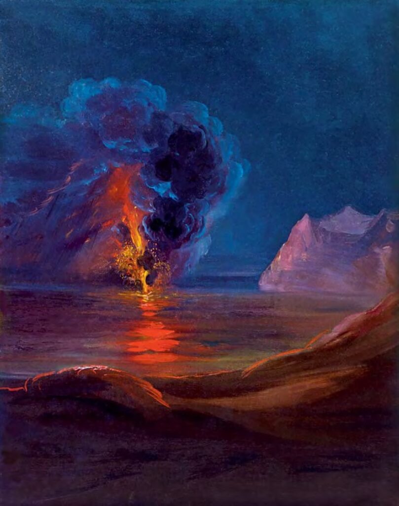 Erupción volcánica en el Archipiélago de Juan Fernández (1836). Staatliche Graphische Sammlung München, Alemania. Autor: Johann Moritz Rugendas.