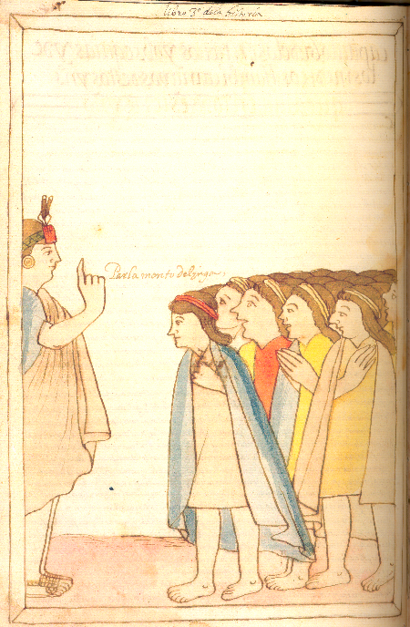 El Inka frente a un grupo de hombres y otro de mujeres (Martin de Murúa, Codice Galvin, 2004 [1590], 114v, 116v)