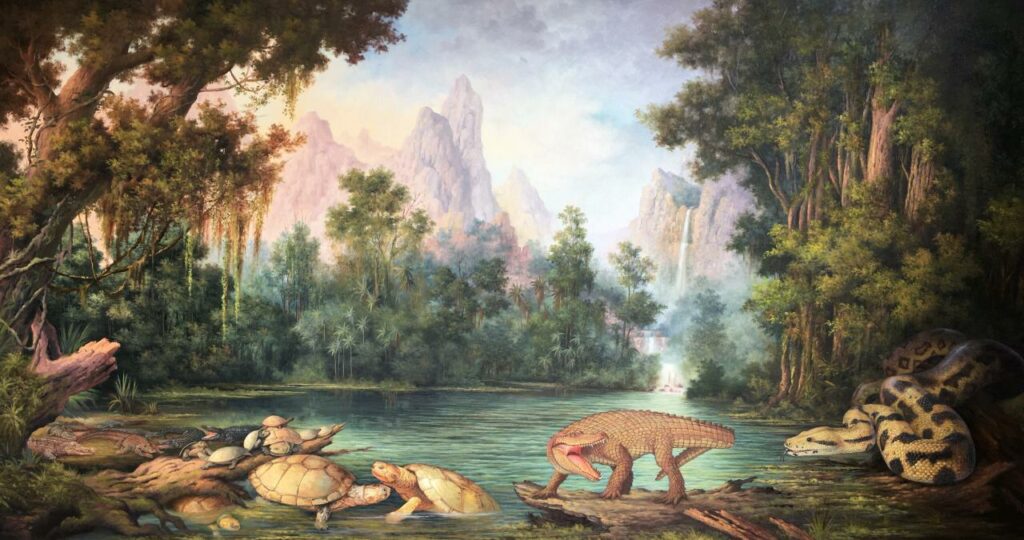 Reconstrucción prehistórica con especies faunísticas del periodo Paleogeno, halladas en Socha, Boyacá. Las tortugas gigantes aparecen en la zona inferior izquierda. Foto: Byron Benítez