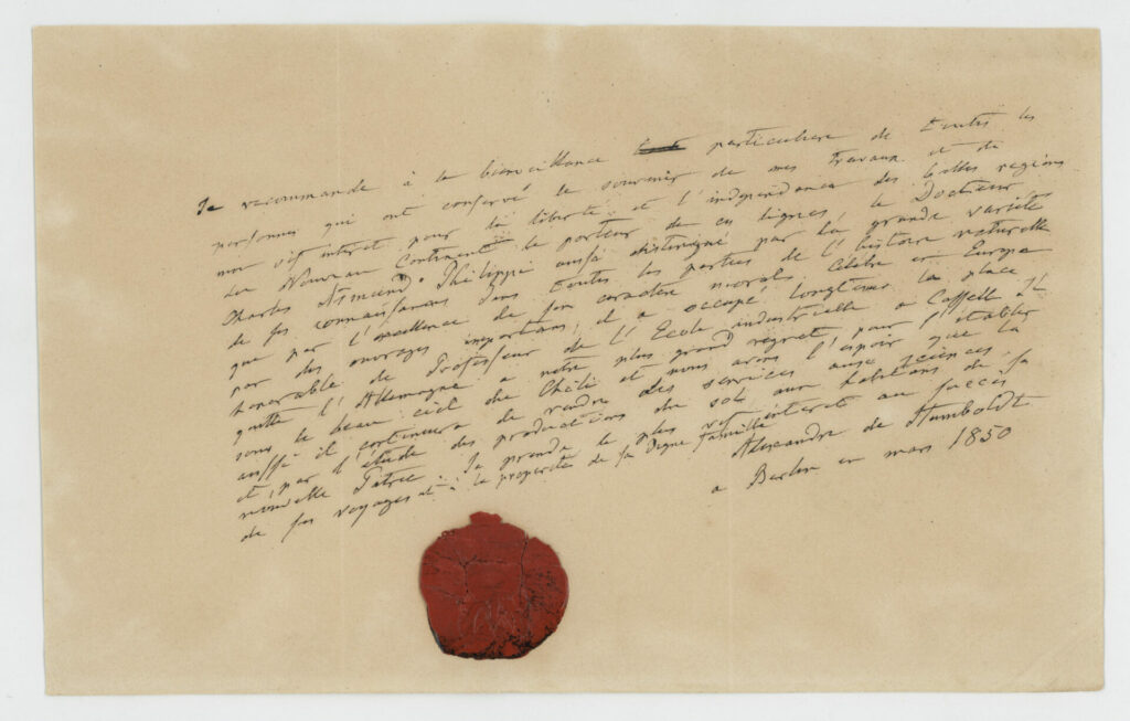 Carta del científico Alexander von Humboldt a Philippi. Créditos: Gentileza Archivo Emilio Held