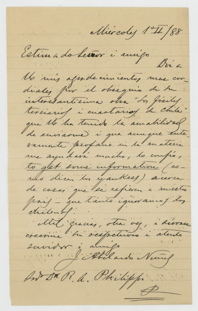 Carta del abogado y educador chileno José Abelardo Núñez. Créditos: Gentileza Archivo Emilio Held