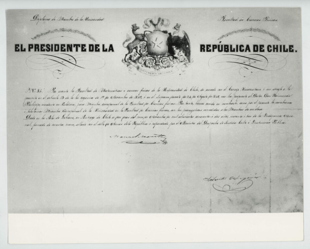 Diploma otorgado por el Presidente de la República, Manuel Montt. Créditos: Gentileza Archivo Emilio Held