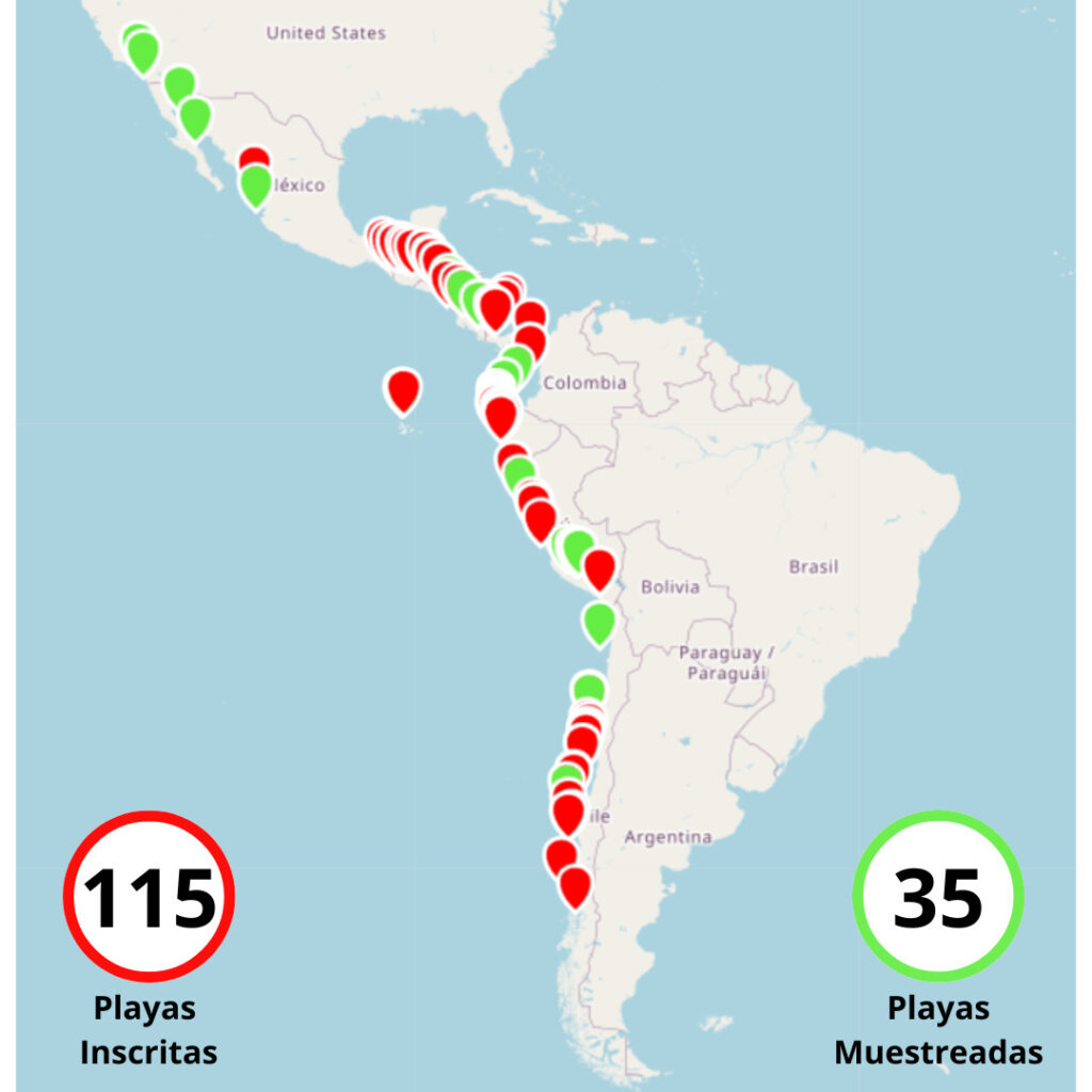 Mapa de playas inscritas y muestreadas hasta julio de 2024.  
Créditos: © Jostein Baeza Álvarez.
