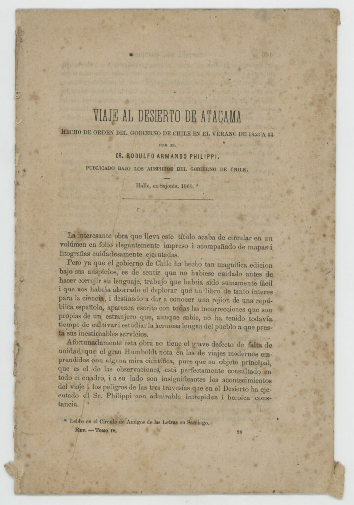 Extracto "Viaje al desierto de Atacama" de Rudolph Philippi. Créditos: Gentileza Archivo Emilio Held