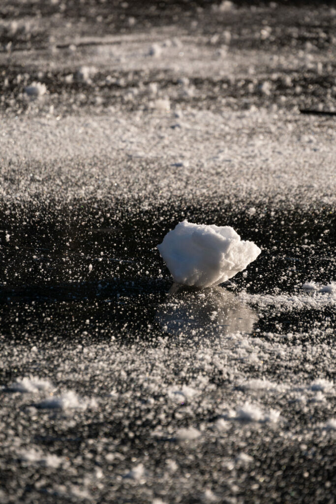 El suelo congelado de las orillas de la Laguna Escondida de Curarrehue . Foto: Paulina Díaz