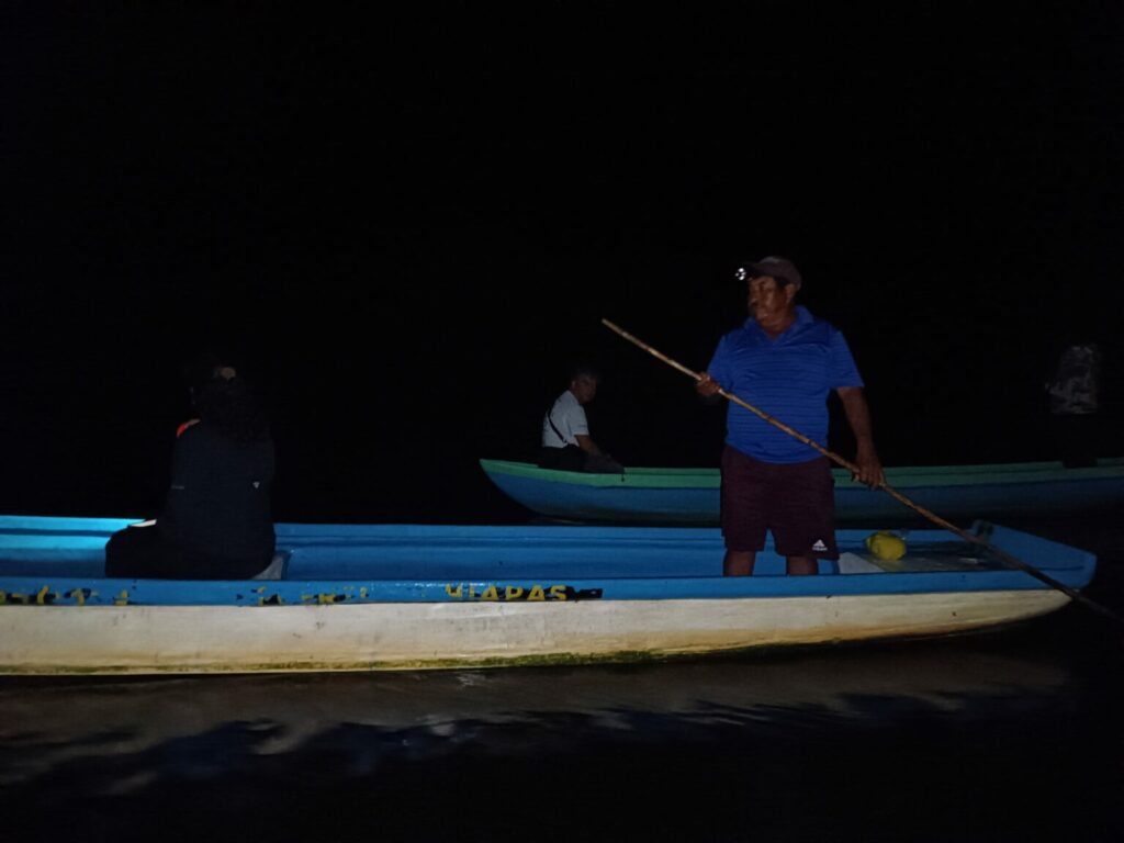 Daniel Velázquez, guardaparque comunitario de Topón, durante el monitoreo nocturno de cocodrilo. Créditos: Guadalupe de la Cruz / Conanp