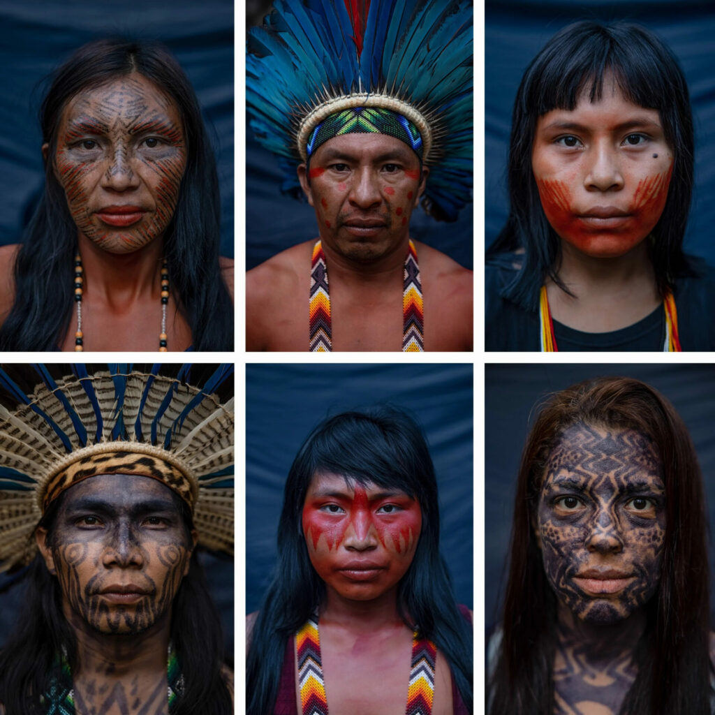 Pinturas faciales tradicionales de los yawanawá, realizadas con pigmentos como el nane negro y el achiote rojo, obtenidos respectivamente del fruto y las semillas de especies arbóreas autóctonas. Fila superior, de izquierda a derecha: Txáü Kamanawá, chamán Pocha Kamanawá, Rãbü Kamanawá. Fila inferior, de izquierda a derecha: Xinã Yura, Meyö Kamanawá, Érica Txivã Roni. Créditos: Victor Moriyama / Dialogue Earth