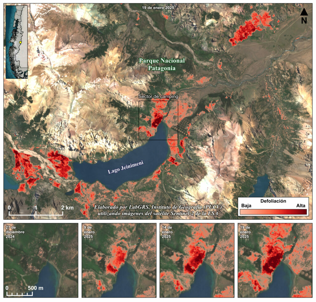 Mapa de zonas afectadas en el Parque Nacional Patagonia. Créditos: LabGRS PUCV / Q-ForestLab / Instituto de Geografía PUCV.