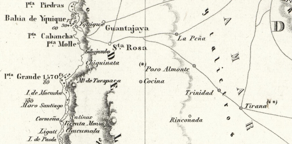 Plano que representa pueblos mineros de Tarapacá a comienzos de la República Peruana.