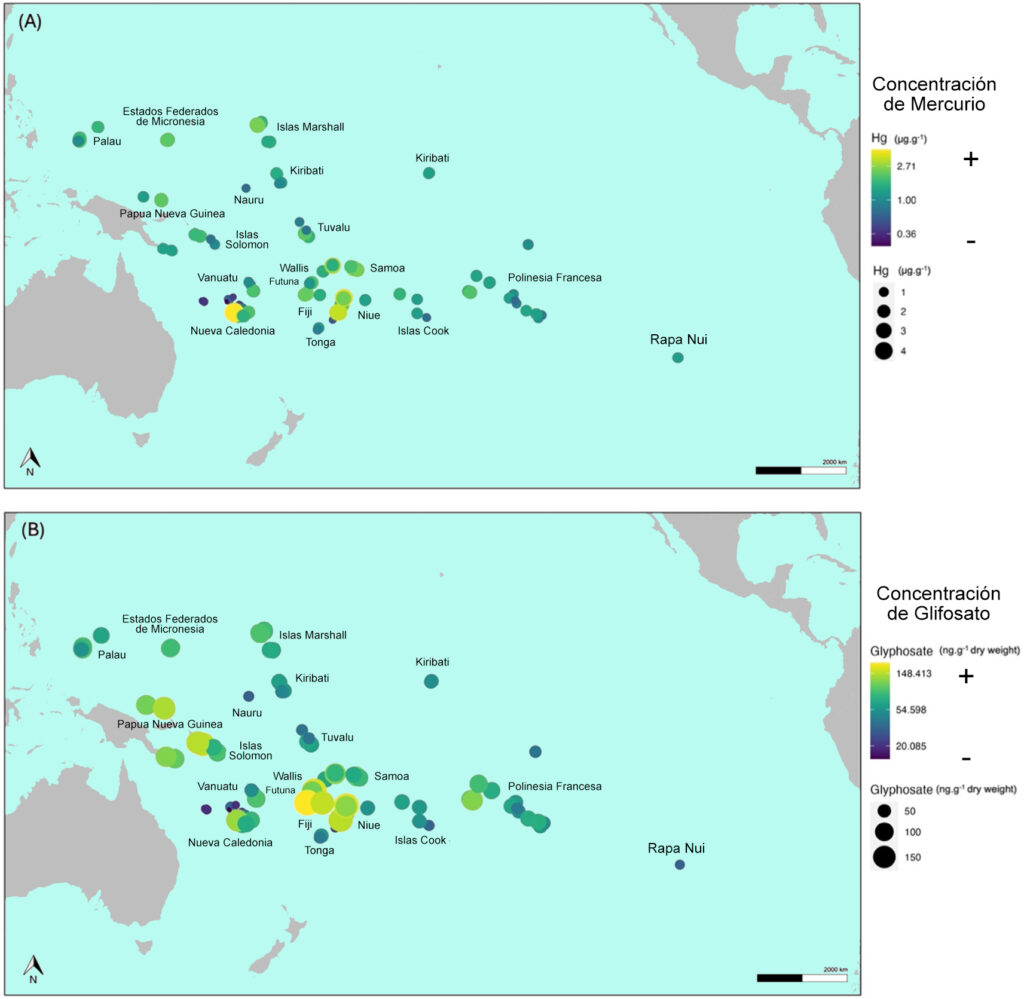 Mapa de las concentraciones de Hg y glifosato en peces de arrecifes de coral en las islas