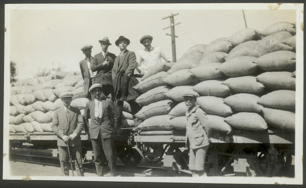 Retrato de hombres junto a vagones cargados con sacos de salitre en Chacabuco. Créditos: Colección Fotografía Museo Histórico Nacional.