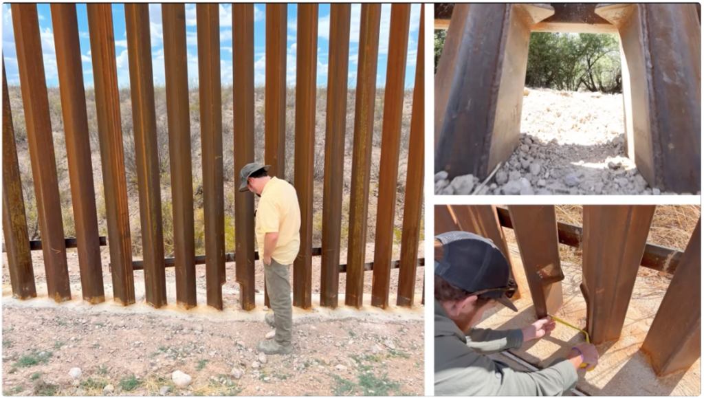 Myles Traphagen y Eamon Harrity midiendo un pequeño paso de vida silvestre en el muro fronterizo. Foto: Emily Burns